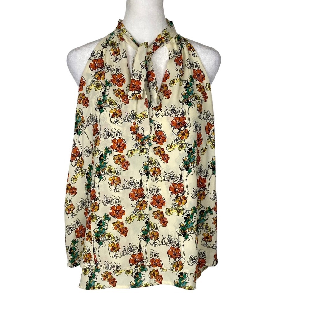 Anthropologie MAEVE Women Tie Neck Tank Top Sz S Ivory Floral Beachy 77-11
